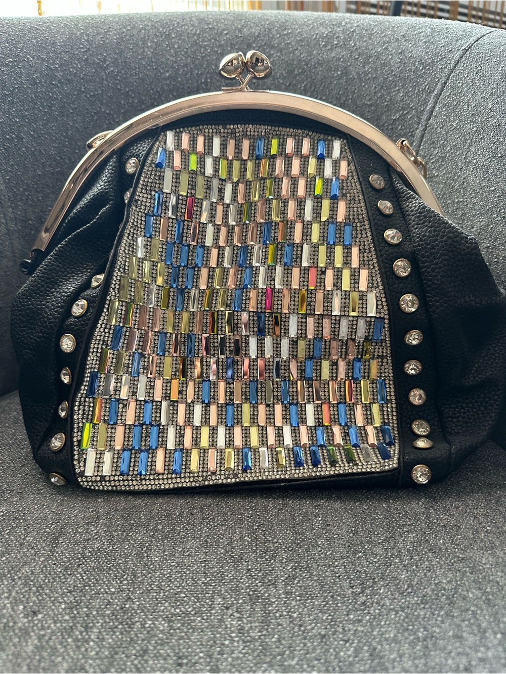 Black Beaded Accent Frame-Top Women's Bag